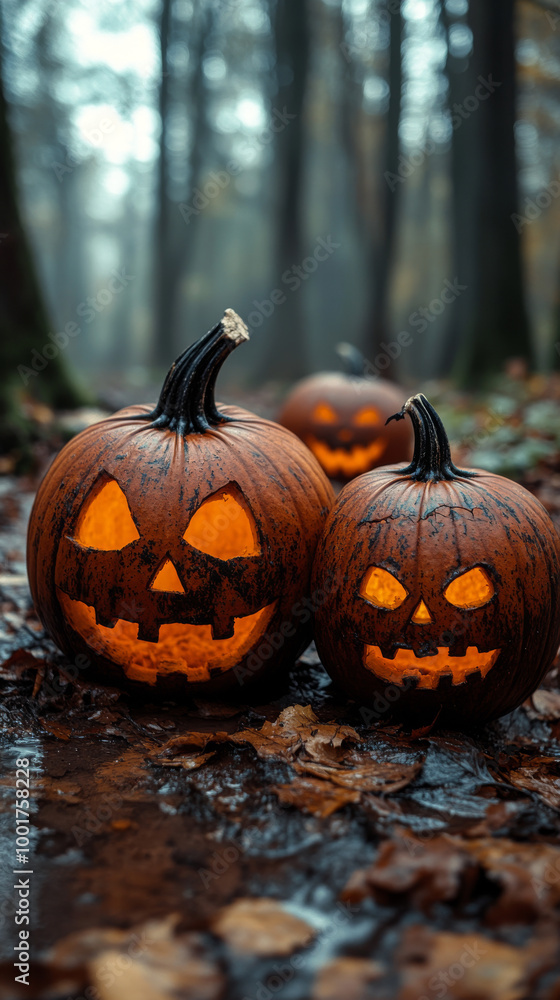 Spooky Jack-o'-lanterns in a foggy forest. Spooky Jack-o'-lanterns in a foggy forest.