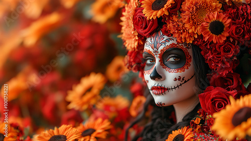 Day of the Dead-themed photo of woman in costume surrounded by vibrant flowers and wearing a sugar skull mask, celebrating the festive Mexican holiday.