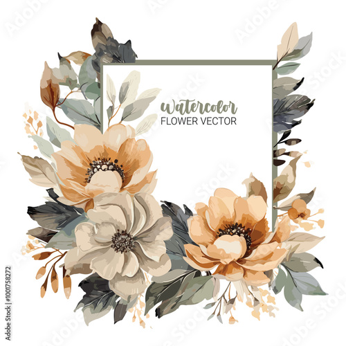 Watercolor flower frame vector on white background