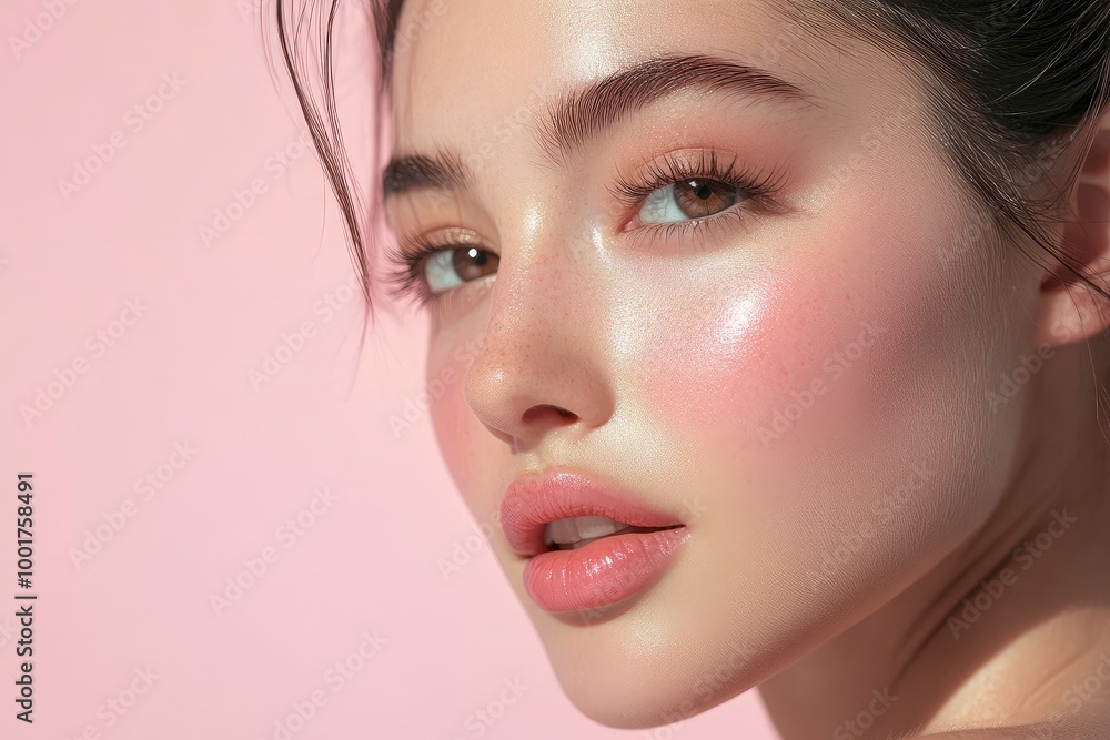 Close-up photo of a beautiful young woman's face with fresh and smooth skin and pink lips with a light background _ smooth skin with skin and body care with generative ai Close-up photo of a beautiful young woman's face with fresh and smooth skin and pink lips with a light background _ smooth skin with skin and body care with generative ai