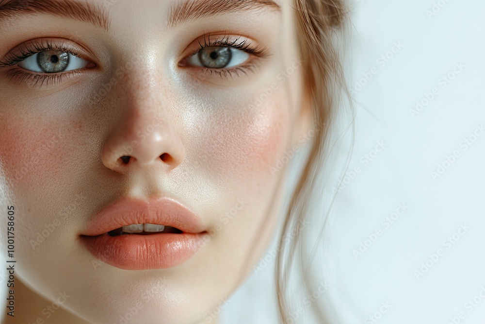 Close-up photo of a beautiful young woman's face with fresh and smooth skin and pink lips with a light background _ smooth skin with skin and body care with generative ai Close-up photo of a beautiful young woman's face with fresh and smooth skin and pink lips with a light background _ smooth skin with skin and body care with generative ai