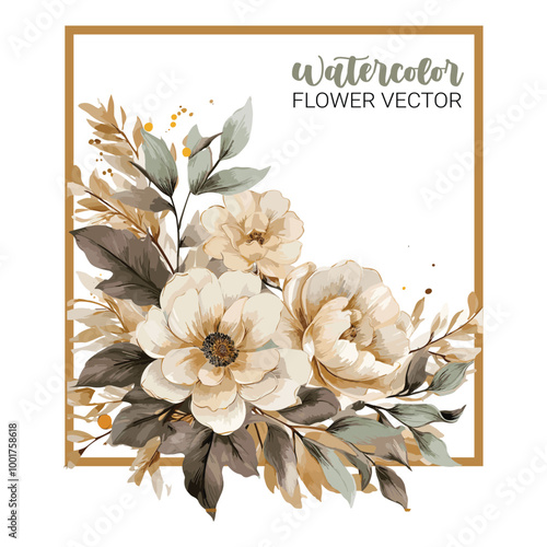 Watercolor flower frame vector on white background