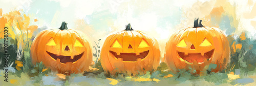 Three jack-o'-lanterns with glowing faces.