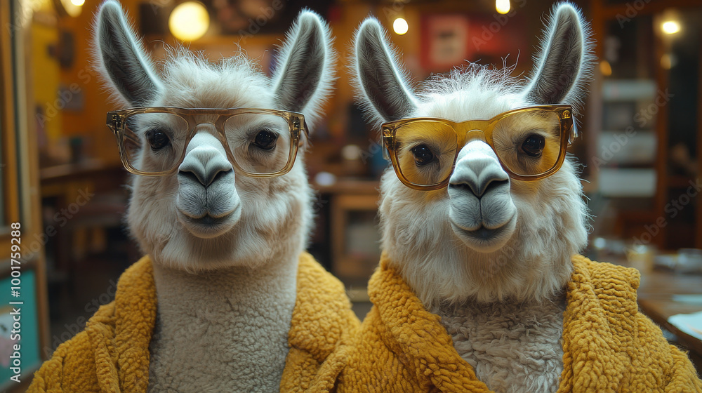 Two llamas wearing glasses and yellow robes look directly at the camera. Two llamas wearing glasses and yellow robes look directly at the camera.