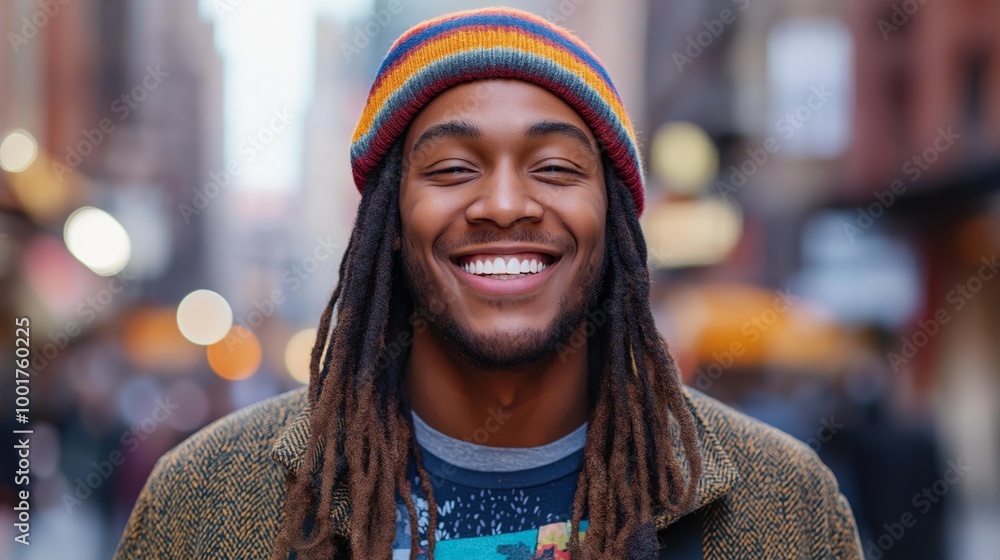 Smiling Young Man with Colorful Beanie in a Vibrant Urban Street Setting Ideal for Lifestyle and Diversity Concepts Smiling Young Man with Colorful Beanie in a Vibrant Urban Street Setting Ideal for Lifestyle and Diversity Concepts