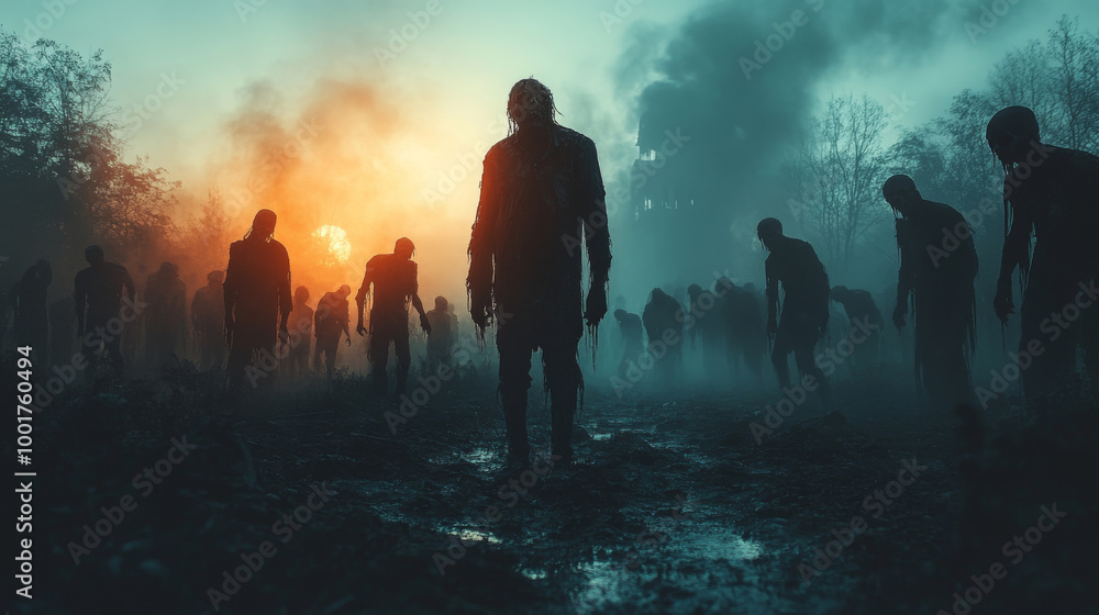 Silhouettes of a horde of zombies walking through a foggy field. Silhouettes of a horde of zombies walking through a foggy field.