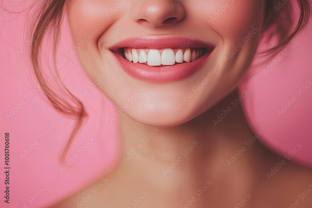 Obraz premium Close-up photo portrait of woman smiling mouth lips teeth isolated on pastel pink colored background with generative ai