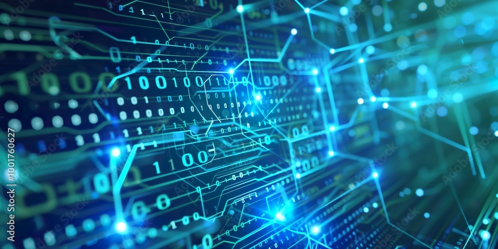 Binary code and digital circuits with glowing network connections in a futuristic cyber environment Binary code and digital circuits with glowing network connections in a futuristic cyber environment