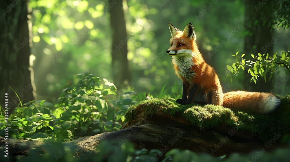 Realistic Friendly Fox in Lush Green Forest Realistic Friendly Fox in Lush Green Forest