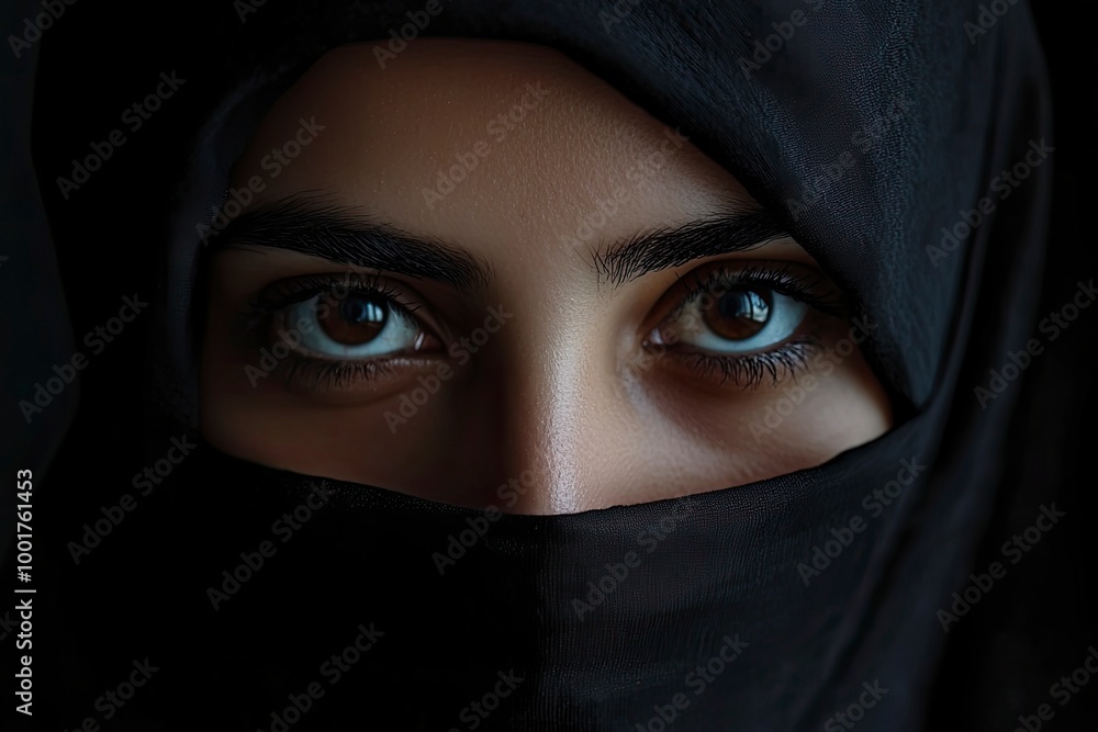 Close-up portrait of a Muslim woman with beautiful eyes in a hijab on a dark background. A girl in a black headscarf is looking at the camera. with generative ai Close-up portrait of a Muslim woman with beautiful eyes in a hijab on a dark background. A girl in a black headscarf is looking at the camera. with generative ai