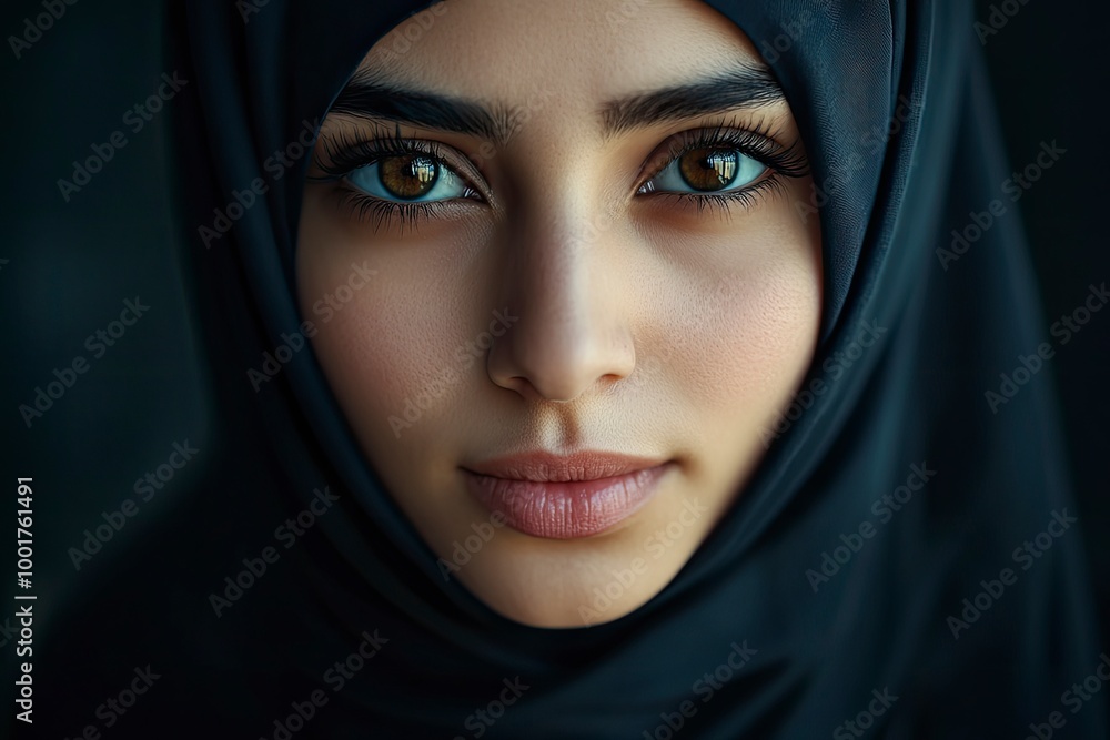 Close-up portrait of a Muslim woman with beautiful eyes in a hijab on a dark background. A girl in a black headscarf is looking at the camera. with generative ai Close-up portrait of a Muslim woman with beautiful eyes in a hijab on a dark background. A girl in a black headscarf is looking at the camera. with generative ai