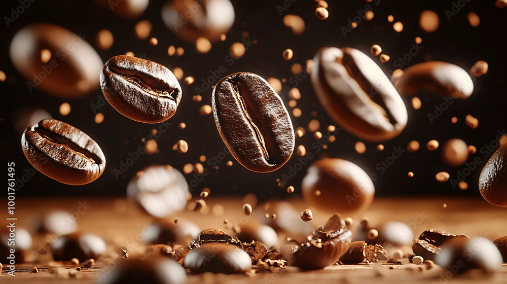 A dynamic close-up of coffee beans suspended in mid-air, with small fragments of beans and coffee dust scattered around, against a dark background A dynamic close-up of coffee beans suspended in mid-air, with small fragments of beans and coffee dust scattered around, against a dark background