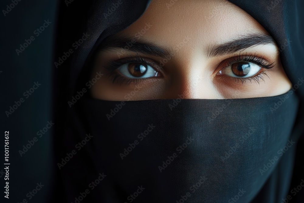 Close-up portrait of a Muslim woman with beautiful eyes in a hijab on a dark background. A girl in a black headscarf is looking at the camera. with generative ai Close-up portrait of a Muslim woman with beautiful eyes in a hijab on a dark background. A girl in a black headscarf is looking at the camera. with generative ai