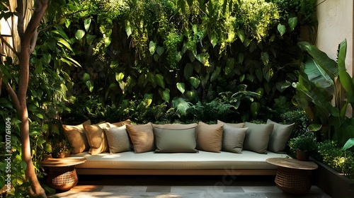 Cozy Outdoor Seating Area Surrounded by Lush Foliage