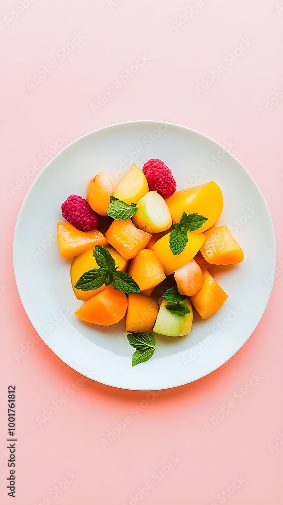 Freshly Arranged Fruit Salad on Pink Background Freshly Arranged Fruit Salad on Pink Background