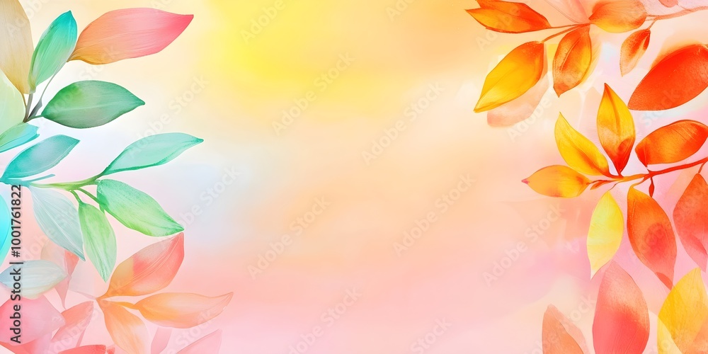 Obraz premium an artistic photo with leaves painted on the background - two colorful leaves are painted on the wall - a pink and yellow abstract background with flowers