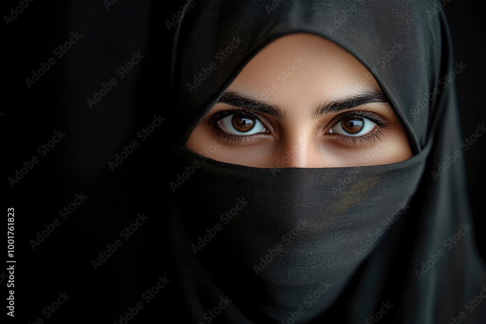 Close-up portrait of a Muslim woman with beautiful eyes in a hijab on a dark background. A girl in a black headscarf is looking at the camera. with generative ai Close-up portrait of a Muslim woman with beautiful eyes in a hijab on a dark background. A girl in a black headscarf is looking at the camera. with generative ai