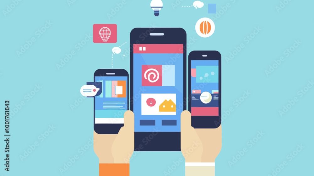 Flat Design Mobile Application Concept Illustration with Three Smartphones Showing App Interfaces and Notifications Flat Design Mobile Application Concept Illustration with Three Smartphones Showing App Interfaces and Notifications