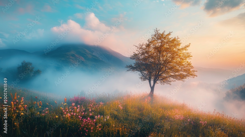 Fototapeta premium A misty mountain covered in fog, with a lone tree and vibrant grasses swaying in the sunlight, set against a stunning realistic nature scene
