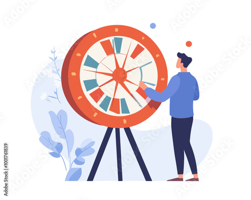 Excited Businessman Spinning Fortune Wheel Representing Luck, Chance, And Opportunity For Career And Investment Decisions In Flat Minimalist Style SVG Vector