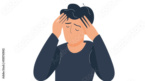 Vector Illustration of Worried Man Holding Head in Hands - Stress and Anxiety Concept