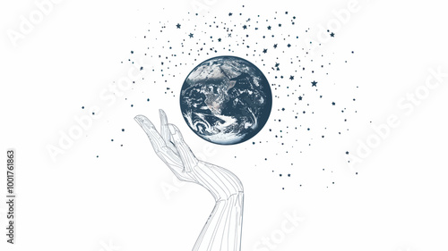 Abstract Planet Earth in Hand with Starry Sky, Minimalist Line Art for Global Business, Science, and Environmental Themes