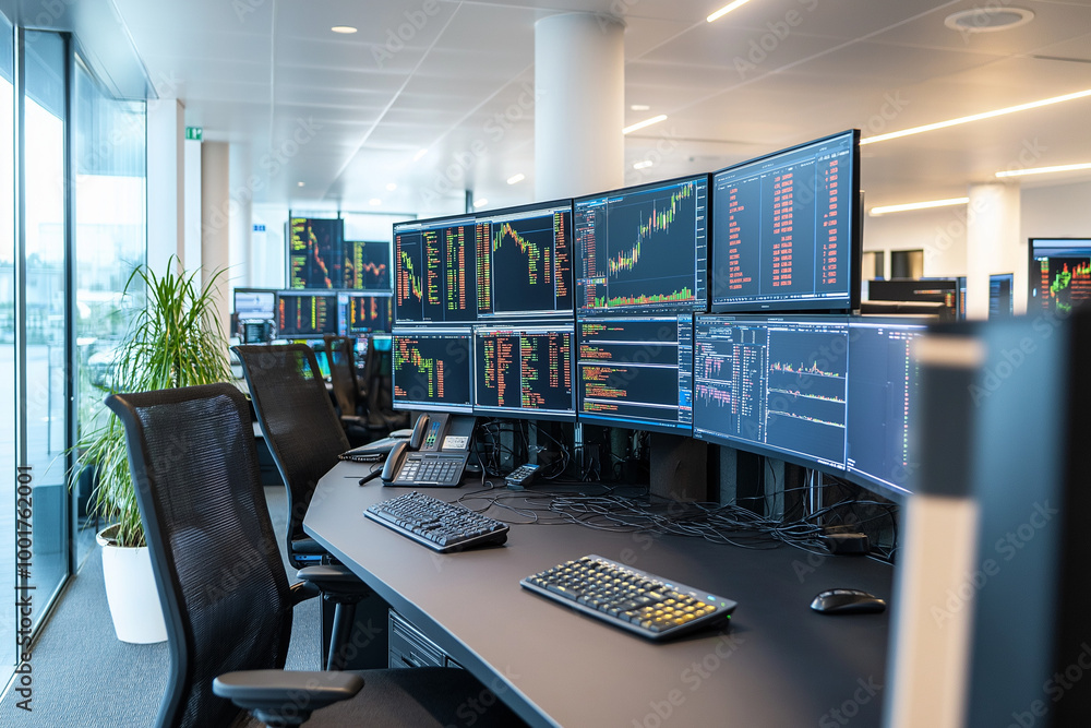 Cutting-Edge Workstations: Trading Office with Modern Workstations, Multiple Monitors, and Streamlined Setup for Optimal Performance Cutting-Edge Workstations: Trading Office with Modern Workstations, Multiple Monitors, and Streamlined Setup for Optimal Performance