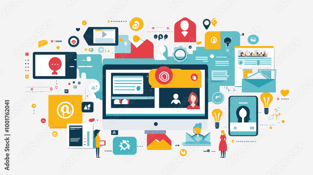 Flat Design Vector Illustration of Social Media Platform with Computers, Emails, and Communication Icons Flat Design Vector Illustration of Social Media Platform with Computers, Emails, and Communication Icons