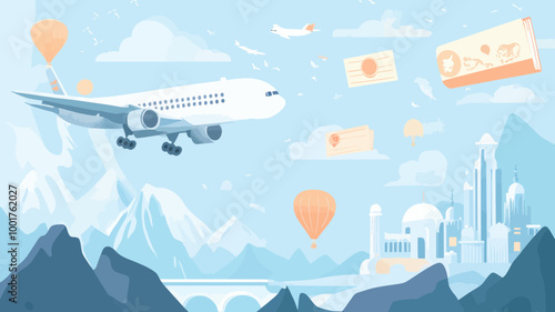 Flat Design Airline Tickets and Travel Banner with Airplane, Hot Air Balloons, and Mountain Landscape for Flight Booking Concept