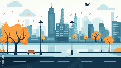 Vector Urban Autumn Landscape with City Skyline, Park Benches, Trees, and Street Lights for Concept of Urban Scenery and Seasonal Change in Flat Design
