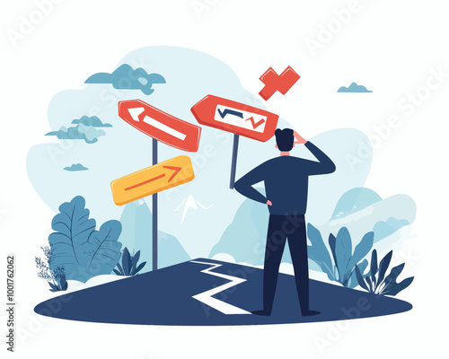 Confused Businessman at Crossroads Contemplating Career Direction and Leadership Choices in Flat Minimalist SVG Vector Art