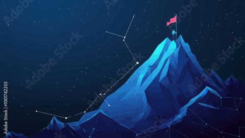 Digital Businessman Reaching Mountain Peak with Flag - Abstract Goals Achievement and Ambitions Concept on Technology Dark Blue Background with Constellations - Flat Minimalist SVG Vector