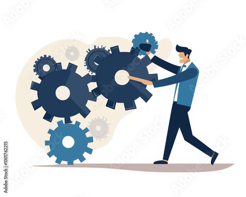 Business Workflow Leadership, Driving Team Productivity and Efficiency Concept, Smart Businessman Rotating Cogwheels, Flat Minimalist SVG Vector