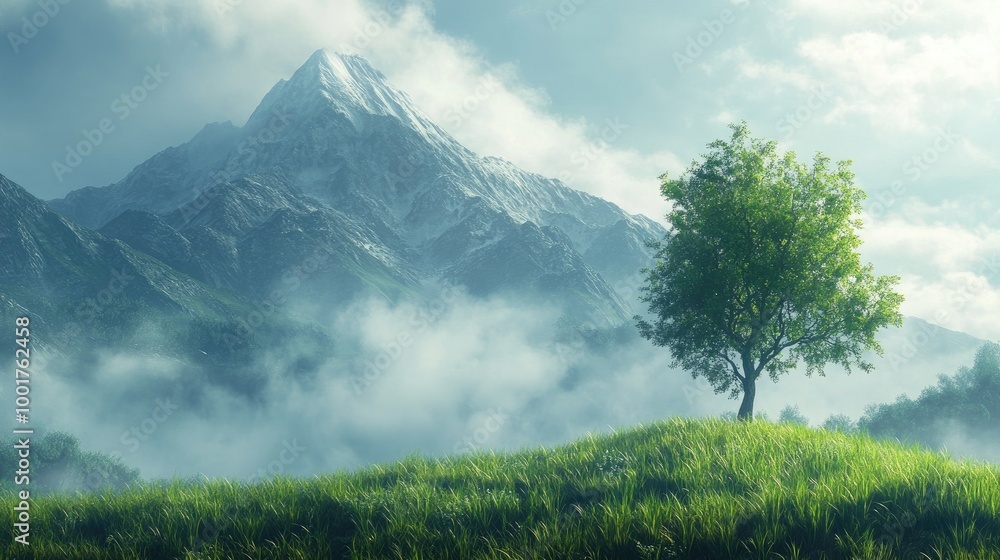 Fototapeta premium Beautiful mountain shrouded in fog with a solitary tree and vibrant green grasses illuminated by the sun on a serene, realistic background