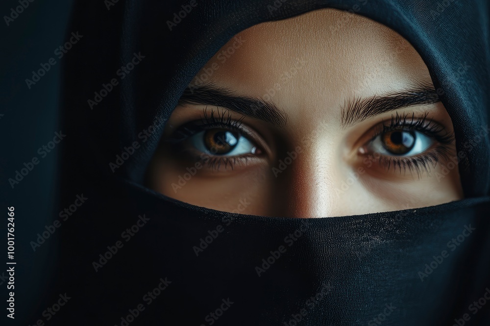 Close-up portrait of a Muslim woman with beautiful eyes in a hijab on a dark background. A girl in a black headscarf is looking at the camera. with generative ai Close-up portrait of a Muslim woman with beautiful eyes in a hijab on a dark background. A girl in a black headscarf is looking at the camera. with generative ai