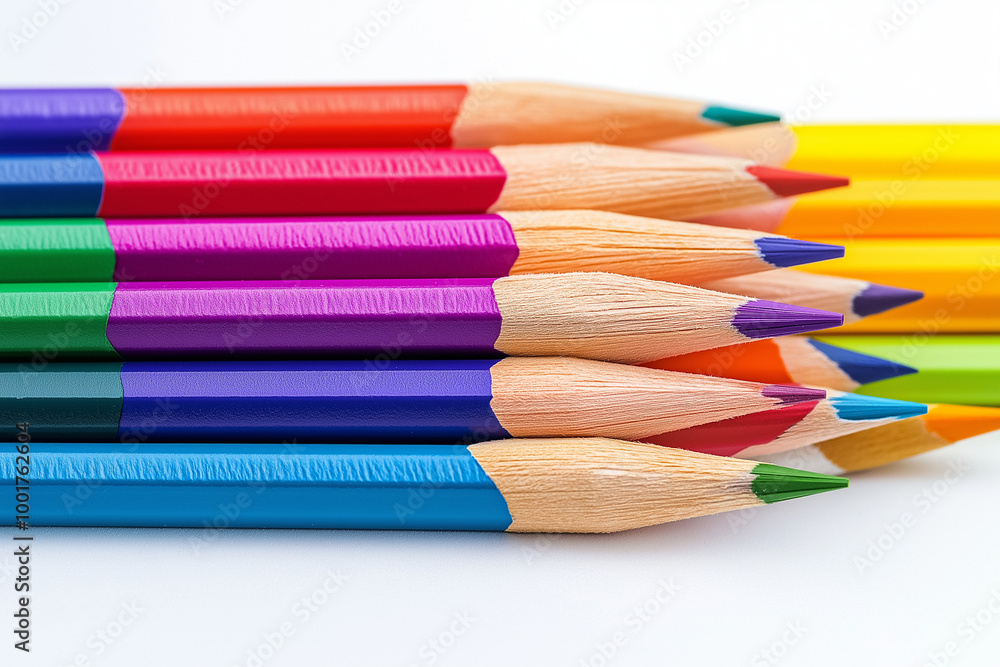 Fototapeta premium Vibrant Creative Tools: A Stack of Colored Pencils Arranged in a Rainbow Gradient, Inviting Artistic Expression