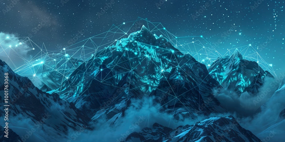 Obraz premium Futuristic mountain scene with glowing geometric lines and starry sky, representing digital landscapes and technology