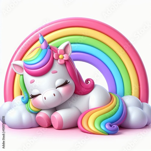 Cute Unicorn Sleeping On Rainbow Cartoon , 3d Generative AI
 photo