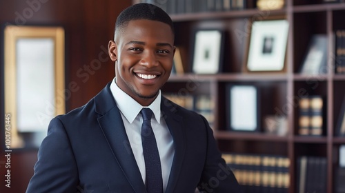 African American Male Lawyer in Professional Office Setting, Smiling and Confident, Business Attire, Legal Profession, Portrait for Corporate Use, Design for Print, Card, Poster