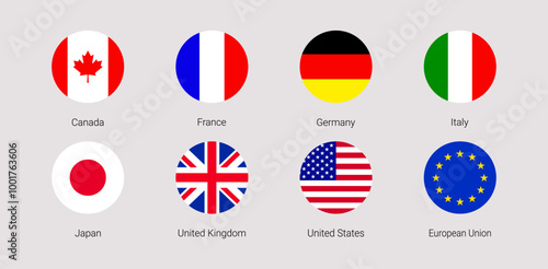 The Group of Seven flag vector illustration. G7 and EU rounded flags icons with members countries names. USA, France, Germany, Italy, Japan, United Kingdom, EU simple stickers. geometric signs.