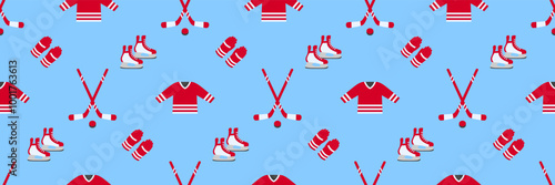 Ice hockey vector repeat backdrop. Winter outdoors seamless pattern. Men's ice hockey equipment template texture with puck, stick, skates isolated icons. Red and blue color. Sport texture for textile