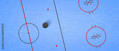 Ice hockey background vector illustration. Winter sports rink design. hockey puck and field on a blue icy texture with markup for competition design. Wintery activities and sporting game backdrop