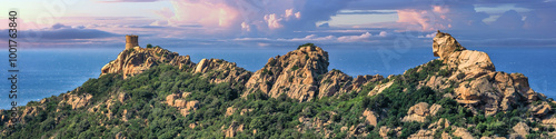 panoramic view of the coast roccapina on the island corsica, french - famous stone lion and ancient watch tower