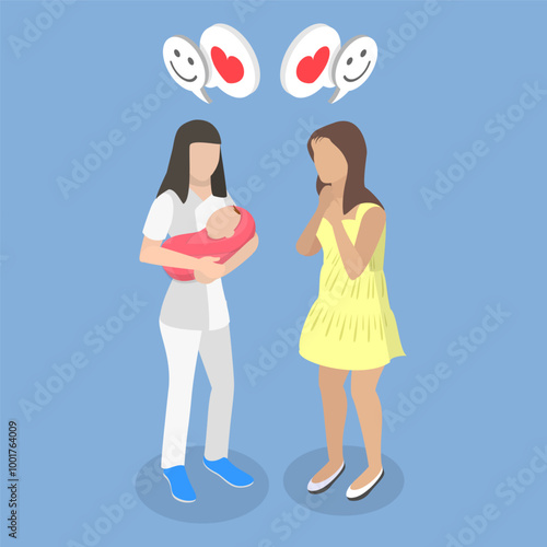 3D Isometric Flat Vector Illustration of Happy Motherhood, Happy Mother Watches Nurse Hold Newborn Baby for the First Time