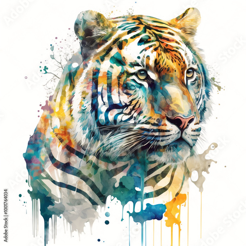 Adorn your wall with a multicolor tiger watercolor featuring a captivating Endangered Species Art photo