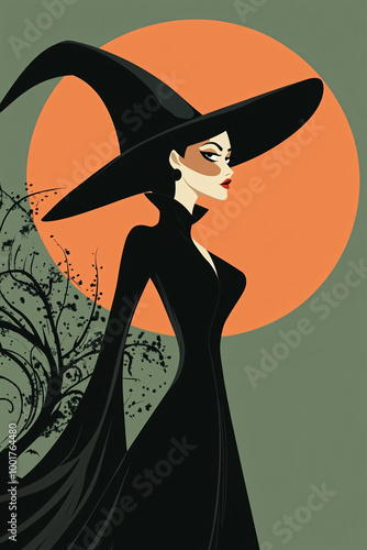 Stylized Halloween Witch with Flowing Hair, Dark Gown, and Pointed Hat in Whimsical Fantasy Art