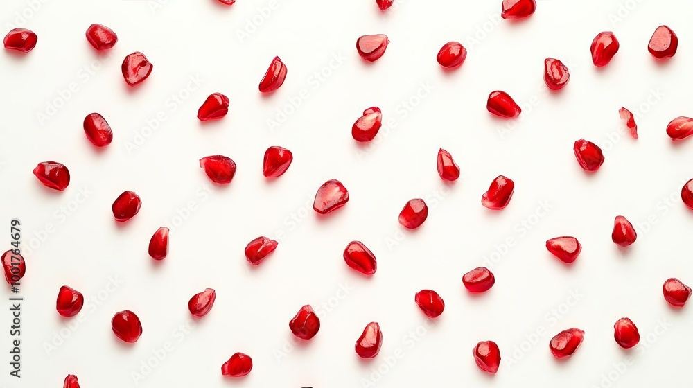 Red Pomegranate Seeds Scattered on White Background Red Pomegranate Seeds Scattered on White Background