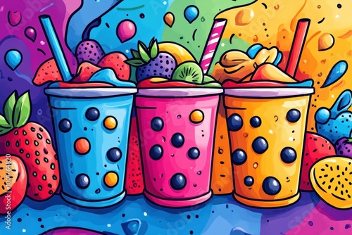 bubble tea delight, a lively bubble tea drawing featuring boba cups, swirling straws, and fruity toppings in various vibrant colors on a whimsical backdrop