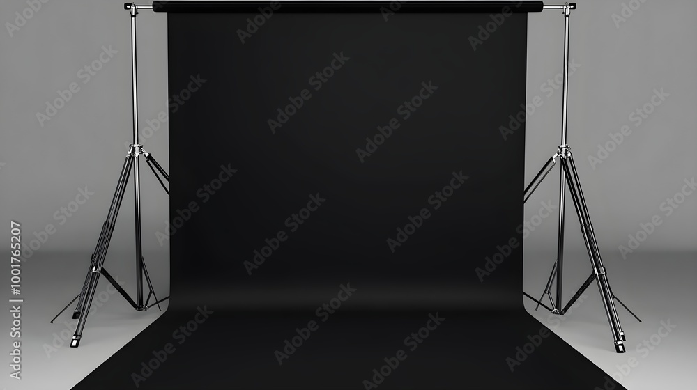 a photography studio setup with a black backdrop. The backdrop is supported by two adjustable stands on either side. The black material extends from the top of the stands down to the floor a photography studio setup with a black backdrop. The backdrop is supported by two adjustable stands on either side. The black material extends from the top of the stands down to the floor