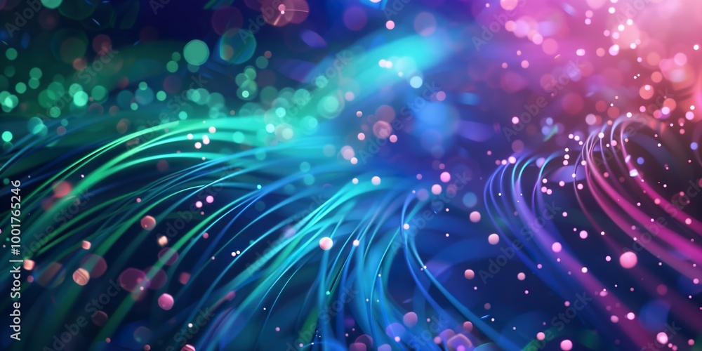 Abstract vibrant fiber optic light trails with glowing particles in a dynamic green and pink atmosphere Abstract vibrant fiber optic light trails with glowing particles in a dynamic green and pink atmosphere